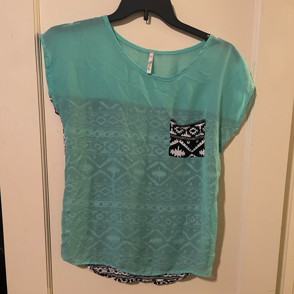 Flamingo teal and printed top. Size small.  Great condition.  Aztec print